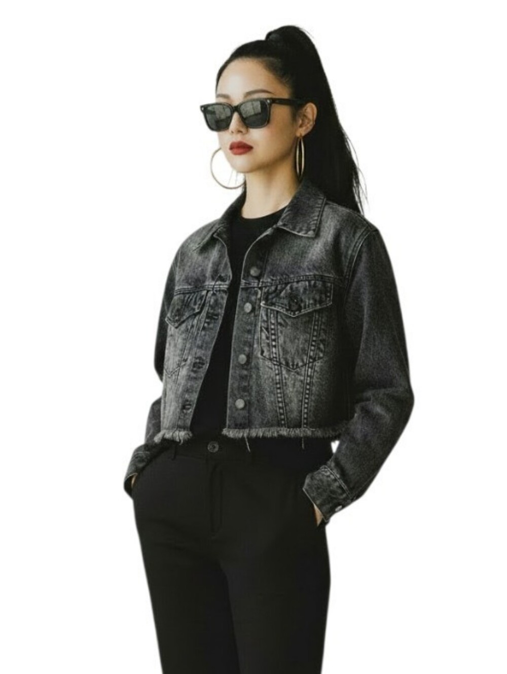 Alice + Olivia Cropped Boyfriend Raw Hem Black Distressed Denim Jacket XS